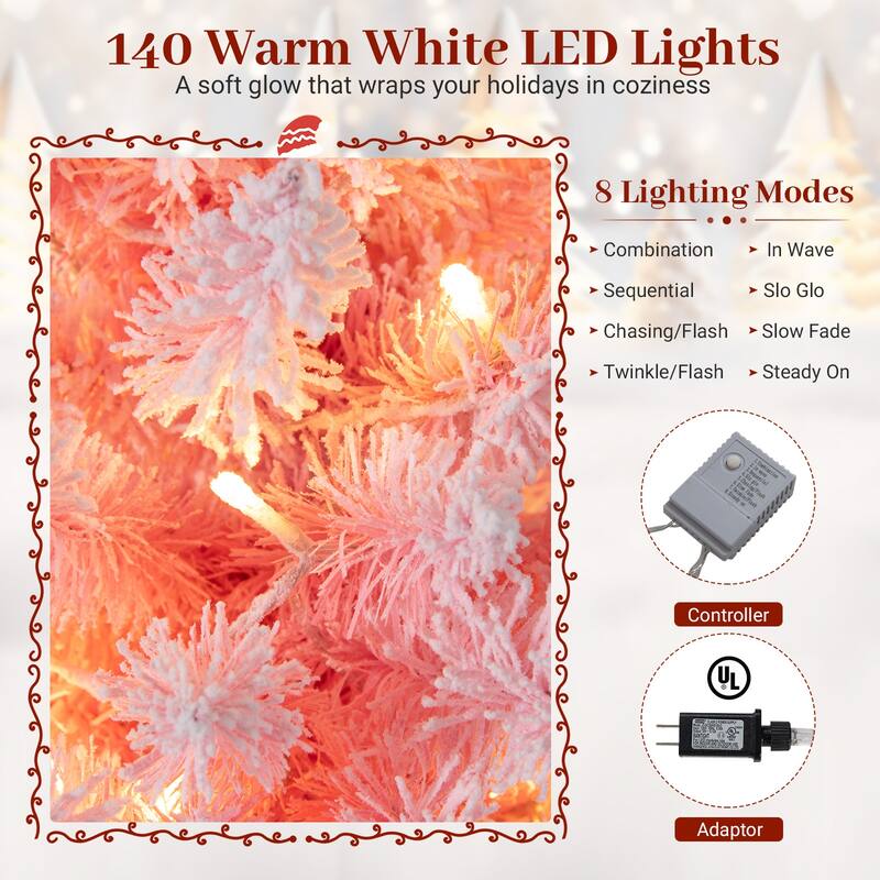 Costway 6/7 FT Snow-flocked Artificial Pink Christmas Tree with 140 - See Details