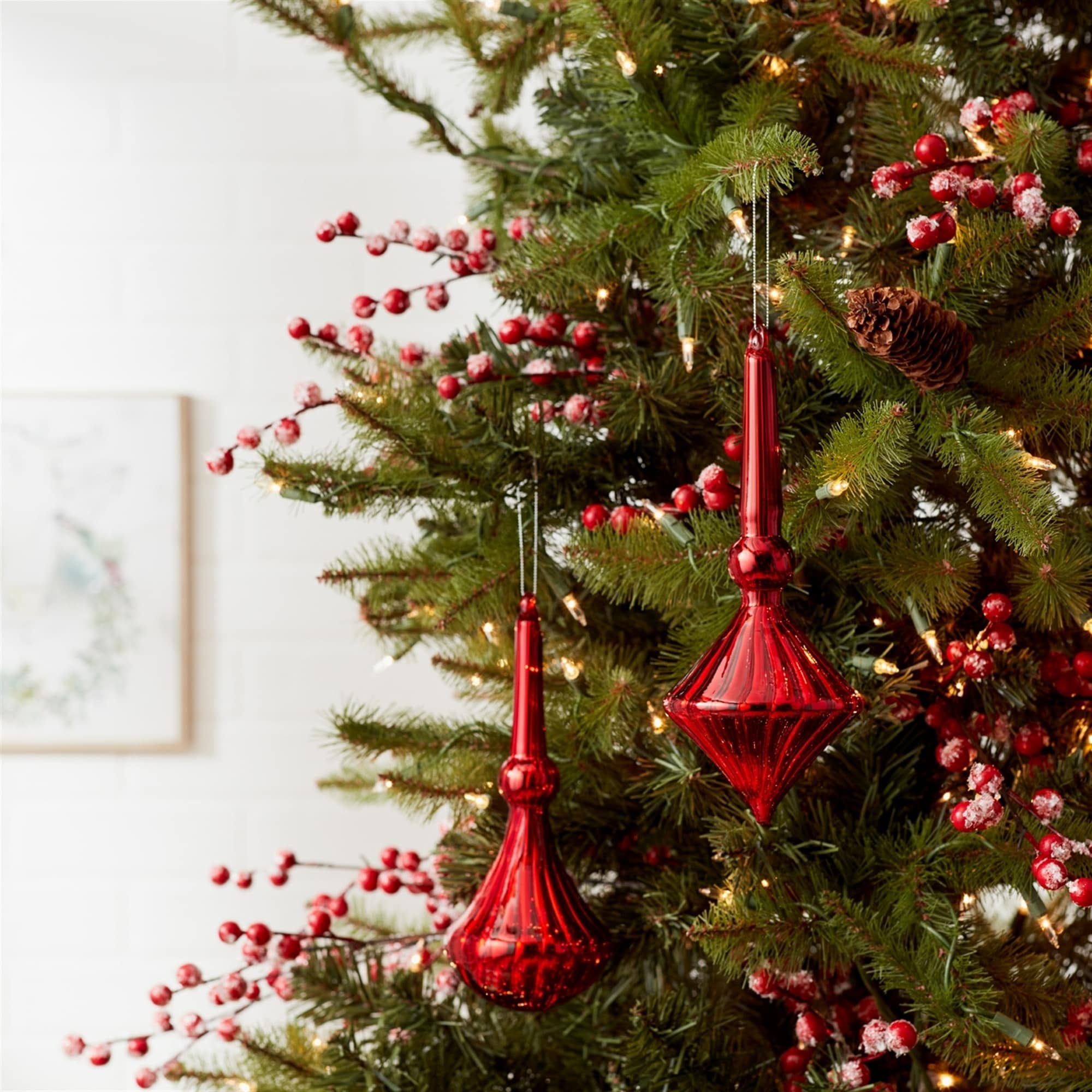 Shiny Finial Drop Glass Christmas Ornaments - 10.5" - Red - Set of 12