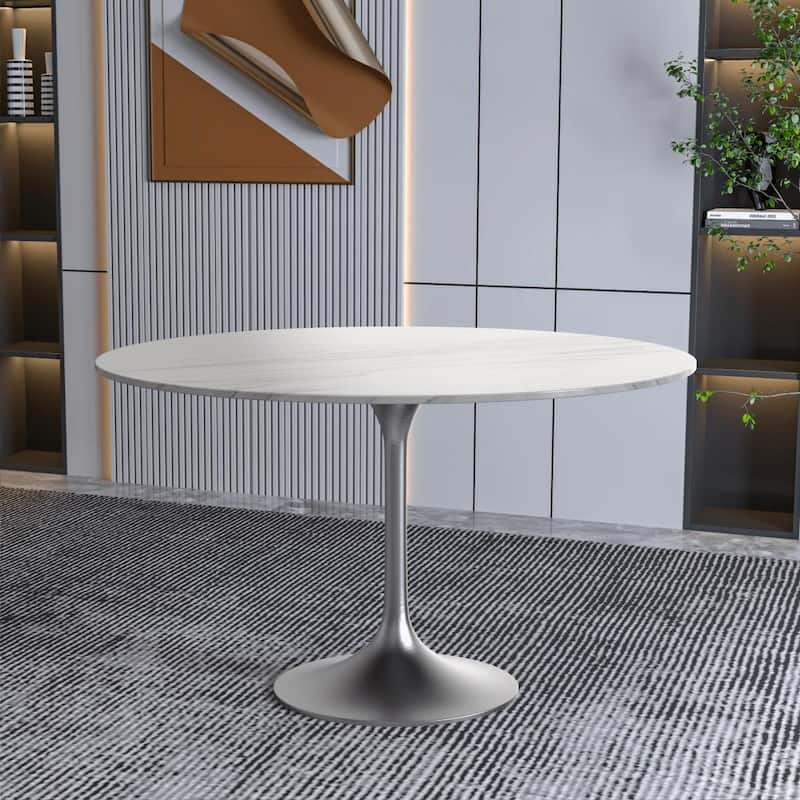 Verve 48" Modern Round Sintered Stone Top Dining Table with Stainless Steel Chrome Pedestal Base for Kitchen & Dining Room