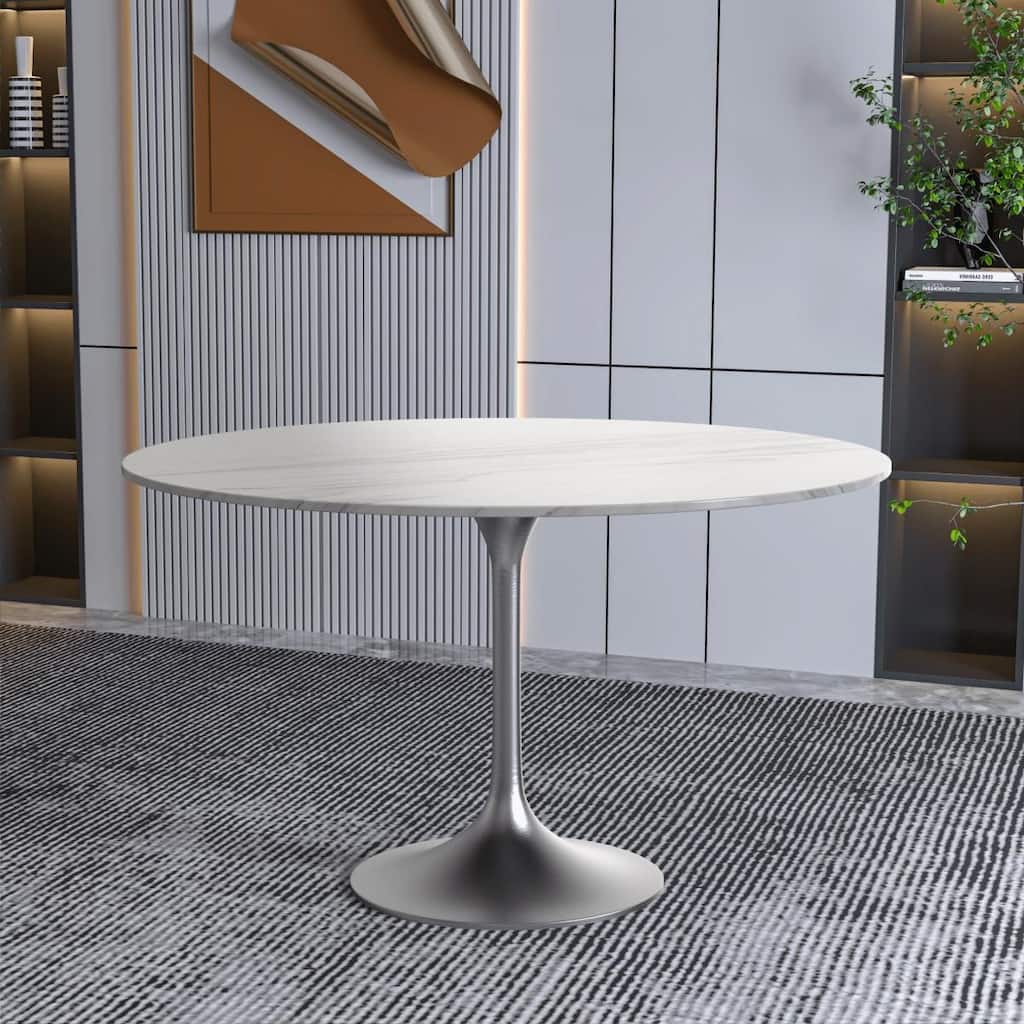Verve 48" Modern Round Sintered Stone Top Dining Table with Stainless Steel Chrome Pedestal Base for Kitchen & Dining Room