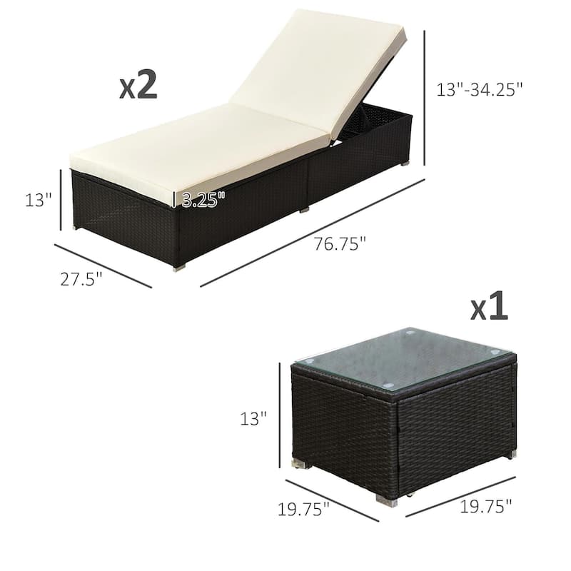 2PCS Adjustable Chaise Lounge, PE Rattan Pool Table Teak Accent