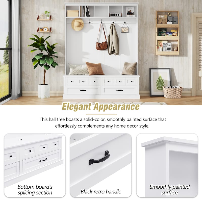 Roomfitters Elegant Wide Hall Tree with Lift-Top Bench, Wooden Mudroom Organizer with 5 Coat Hooks and 2 Storage Sections