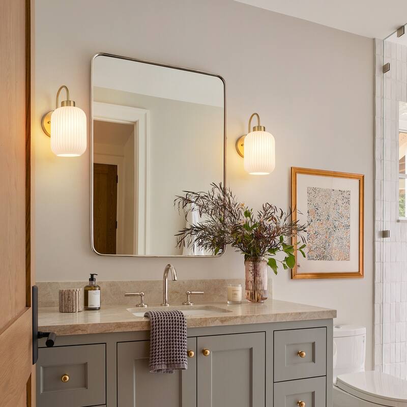 1-Light Mid-Century Modern Gold Wall Sconce with Opal Glass Shade
