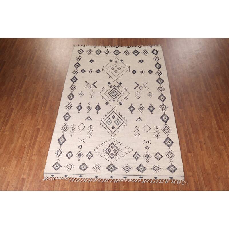 Ivory Moroccan Area Rug Hand-Knotted Wool Carpet - 7'10"x 11'9"