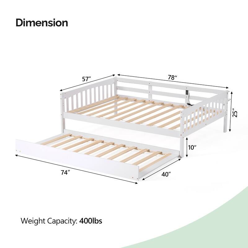White Full Size Wood Bed with Trundle, Light Strip, Charging Station and Guardrail