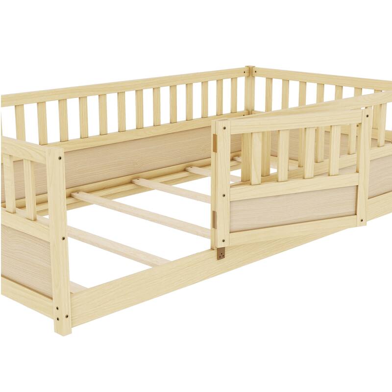 Children's Twin Floor Bed with Safety Guardrails & Door, Montessori Wooden Bed Frame for Bedroom Play Area