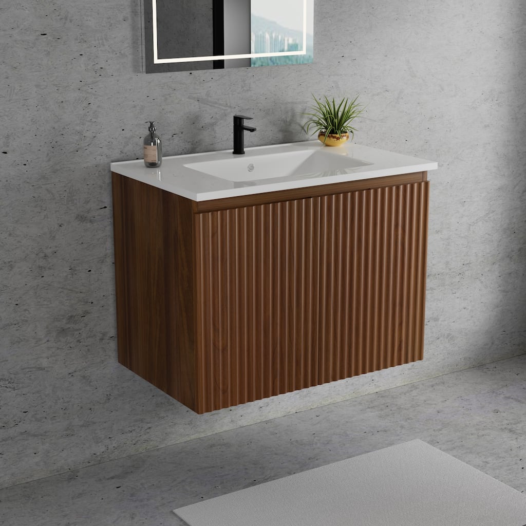 30" Folding Wall Cabinet with Ceramic Sink - Patented 1-Minute Installation, Space-Saving, Easy Assembly, Modern Floating Vanity