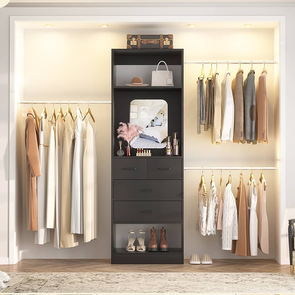 25'' - 96" W Closet System with 4 Wooden Drawers and Mirror, Walk-in Closet Organizer Kits with 3 Extendable Hanging Rods