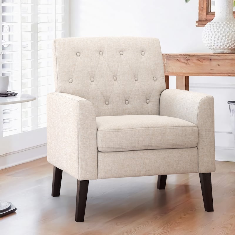 Mid-Century Modern Upholstered Linen Fabric Button Tufted Accent Chair - 28.5 W X 27.25 D X 33.75 H - Wheat Linen