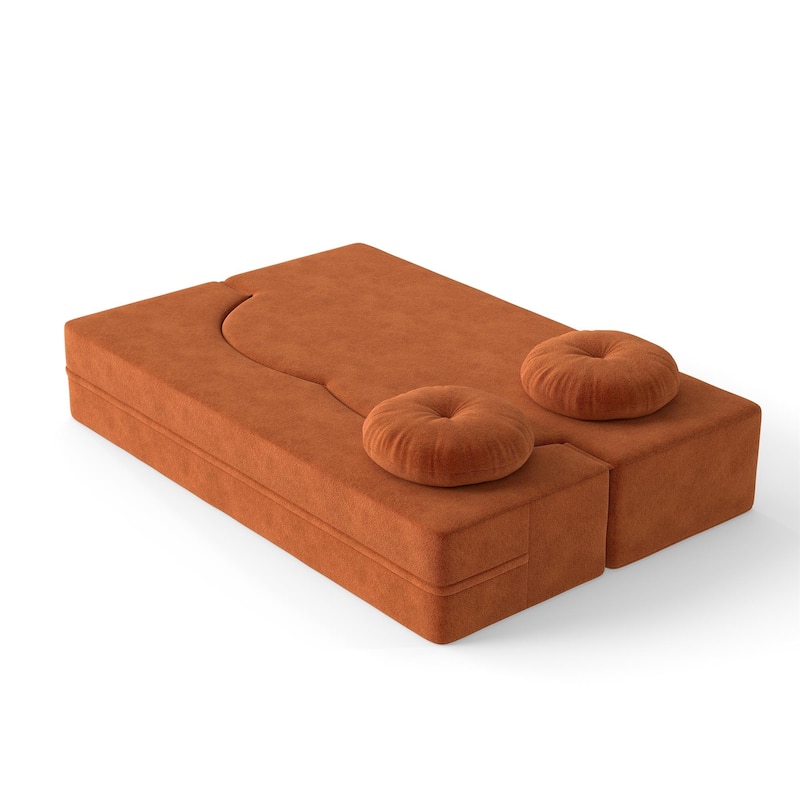 Modern 2-Seater Sofa Multi-Functional Folding Sofa Bed with Pillow, Curved Armrest, for Living Room, Apartment, Orange