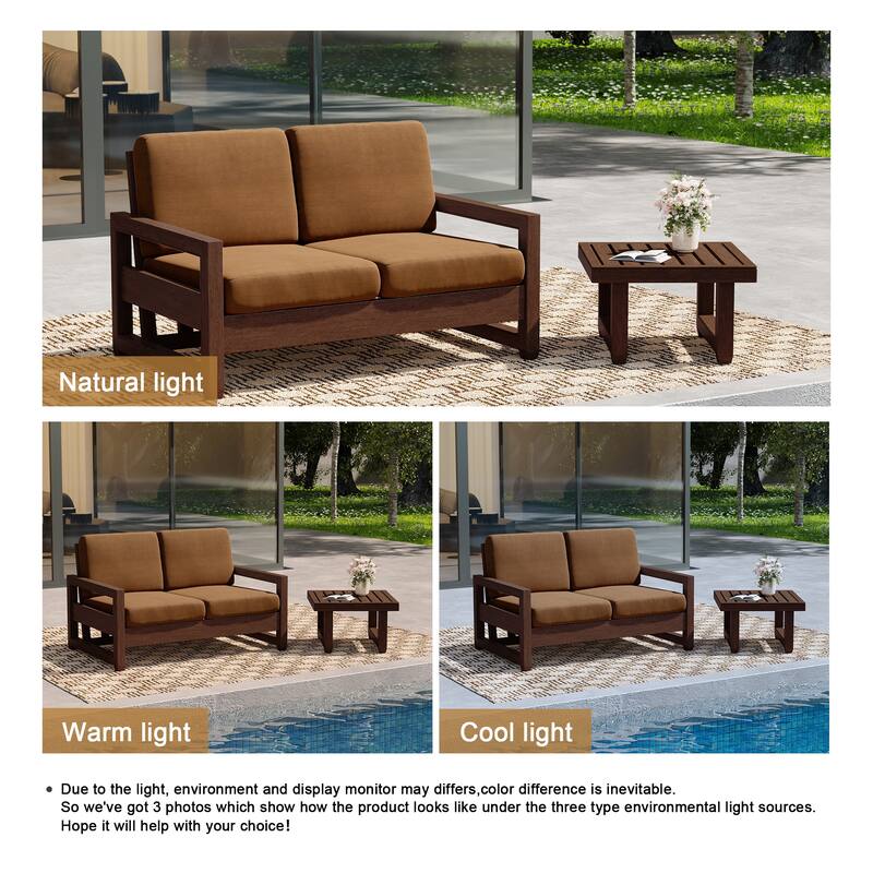 Teak Wood Cushioned Outdoor Patio Loveseat Set with Side Table