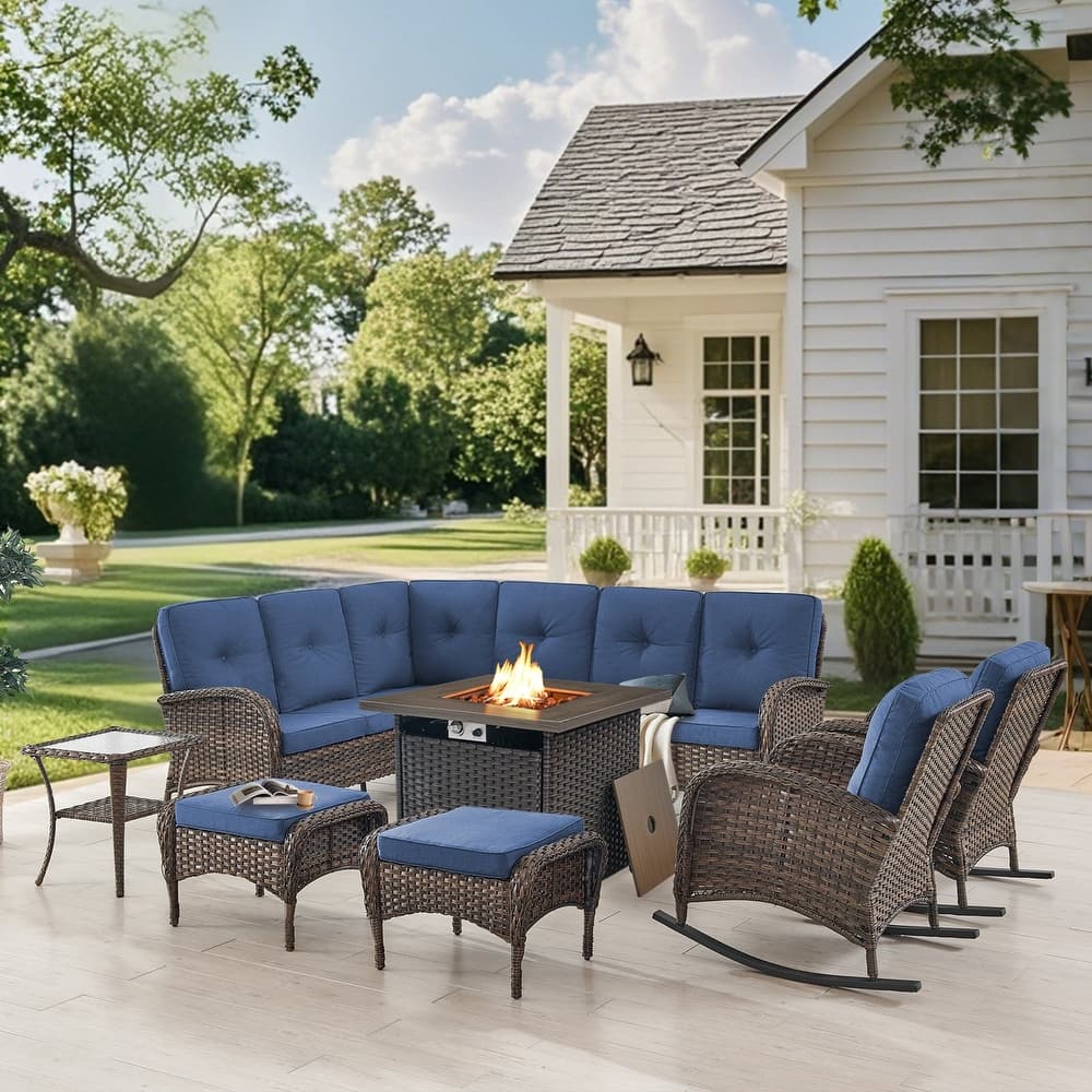 Gymojoy L-Shaped Outdoor Sectional Sofa Set with Fire Pit, Rocking Chairs & Ottomans