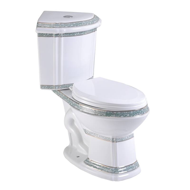 Corner Two Piece Toilet India Reserve with Elongated Bowl with Green Gold Accent and Slow Close Toilet Seat Renovators Supply