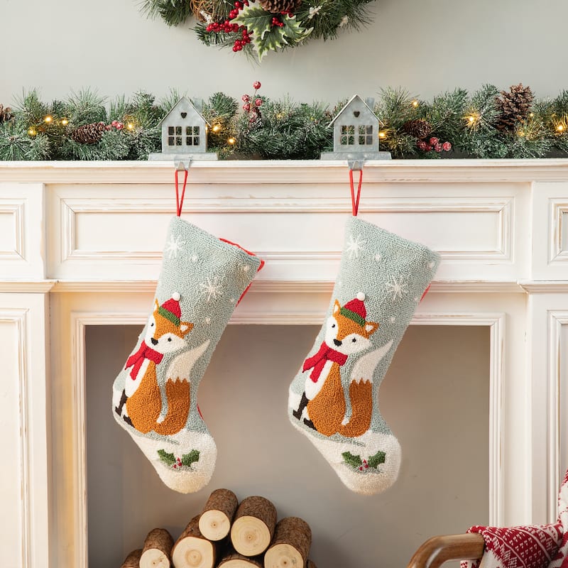 Glitzhome Christmas Hooked Stocking Cat Dog Fox Reindeer Dinosaur(Set of 2)