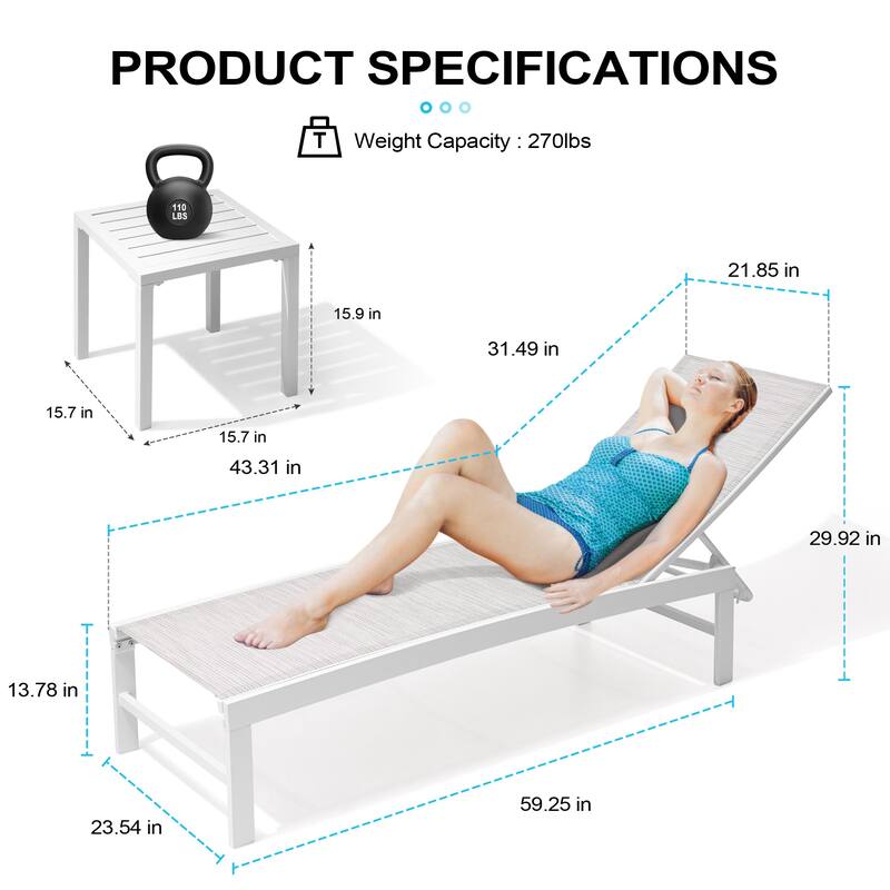 Outdoor Aluminum Chaise Lounge Chairs and Side Table, Sun Lounger with Adjustable Backrest