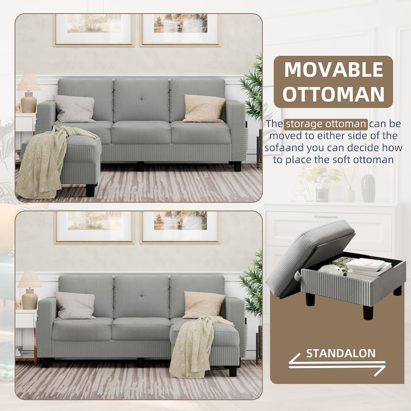 3-Seater Sectional Sofa with Movable Ottoman, Modern Living Room Couch