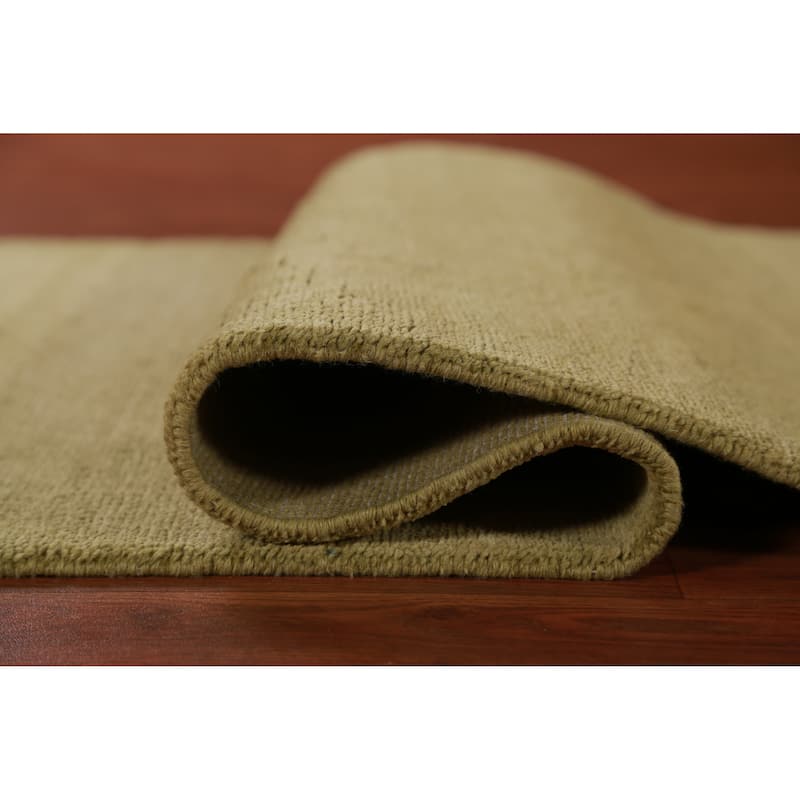 Hand Knotted Oriental 100% Wool Carpet Modern Solid Green Gabbeh Runner Rug - 9' 4'' X 3' 2''