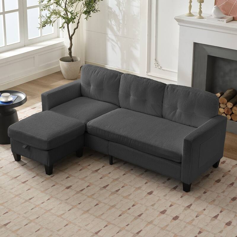 Mixoy 76'' L-Shaped Small Sofa Couch,3-Seater Corduroy Sectional Sofa with Storage Ottoman - Grey - 3-Seater