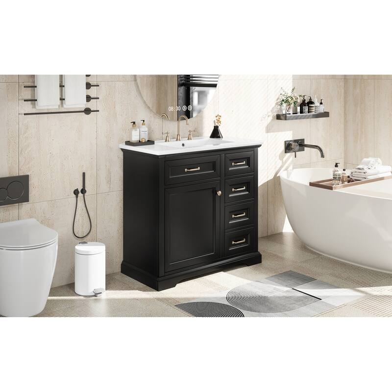 Roomfitters 36" Bathroom Vanity with Integrated Ceramic Sink, 2 Tip-out Drawers, Adjustable Shelving & Soft-Close Hinges, Black