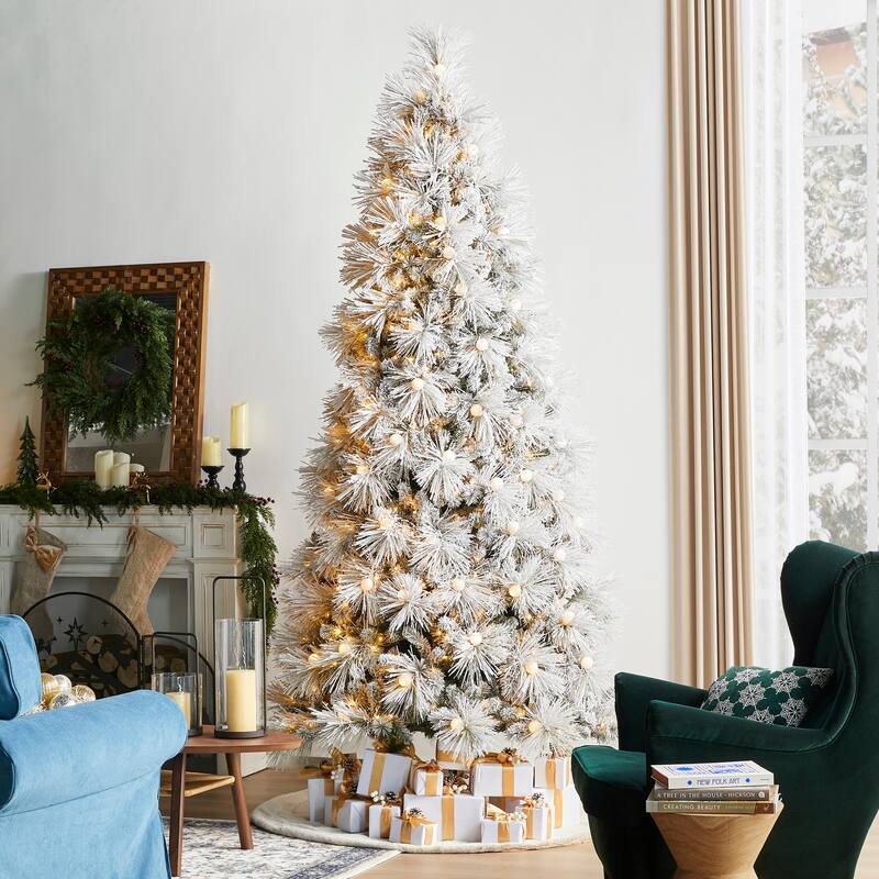 Glitzhome 7.5FT/9FT Pre-Lit Flocked Full Snowy Globe Pine Artificial Christmas Tree with Foot Switch