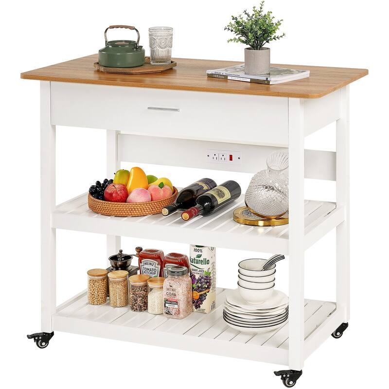 Javlergo Home Kitchen Island with Wood Top 36.6" Width Rolling Kitchen Cart with Drawer and Power Outlet