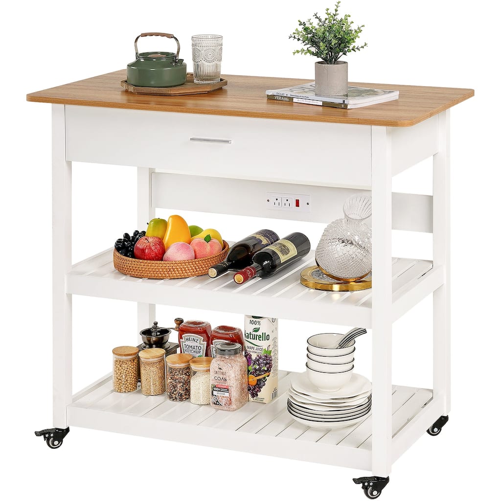 Javlergo Home Kitchen Island with Wood Top 36.6" Width Rolling Kitchen Cart with Drawer and Power Outlet
