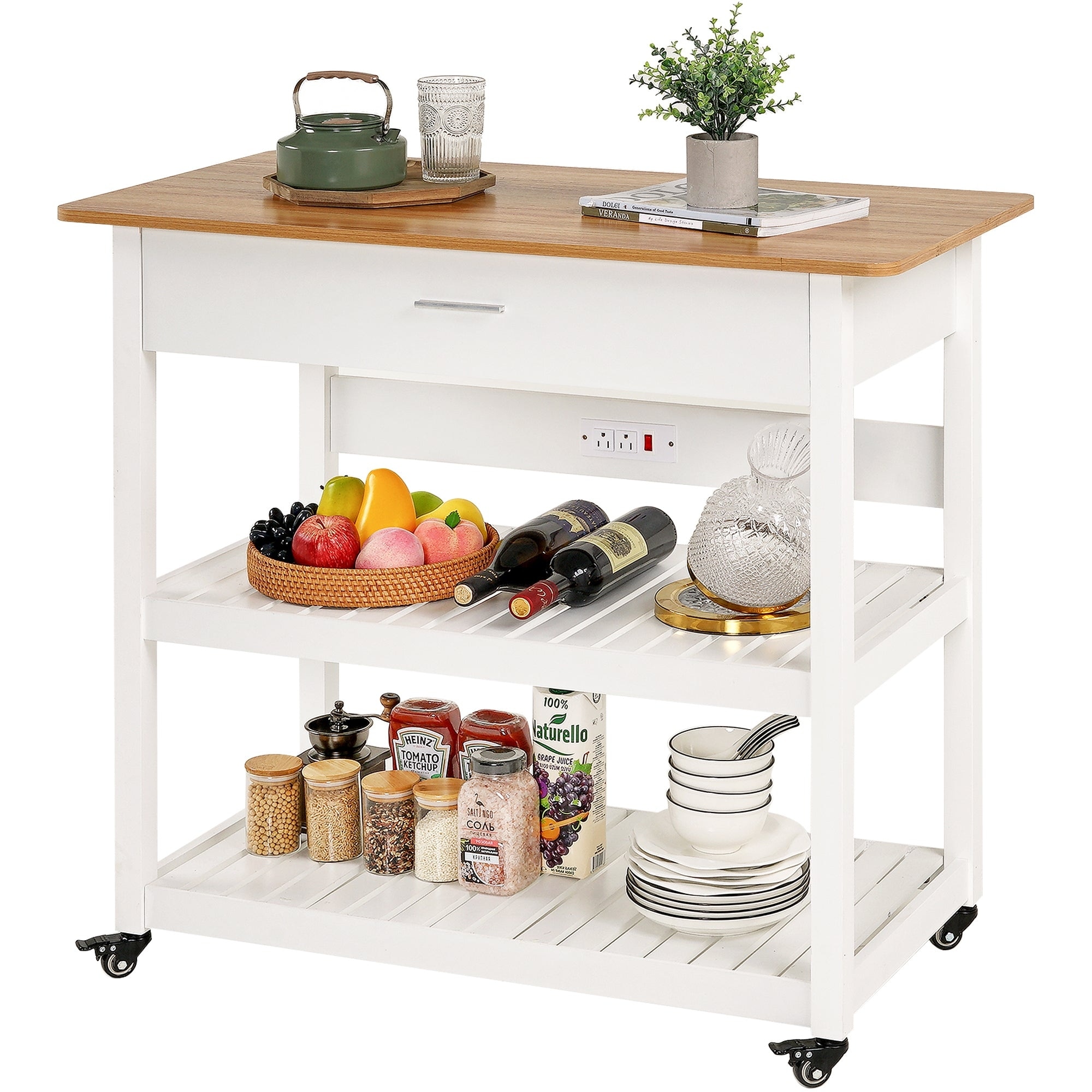 Javlergo Home Kitchen Island with Wood Top 36.6" Width Rolling Kitchen Cart with Drawer and Power Outlet