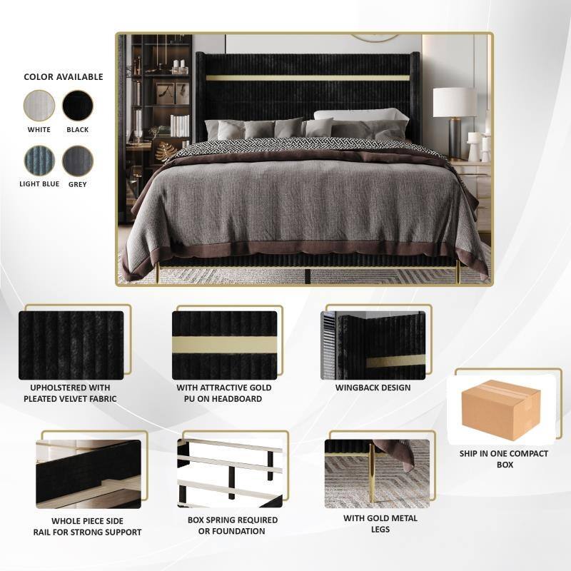 CraftPorch Luxurious Gold PU Strip Wingback Velvet Upholstered Bed