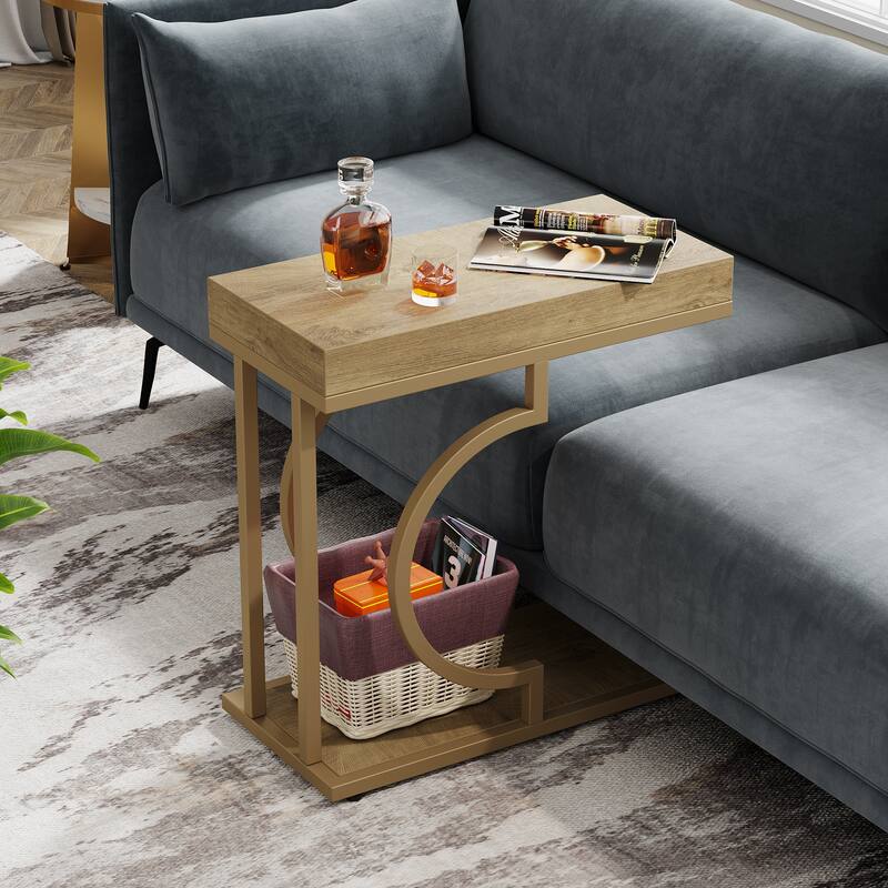 Narrow Side Table C Shaped End Table for Living Room - Natural+Wood Tones