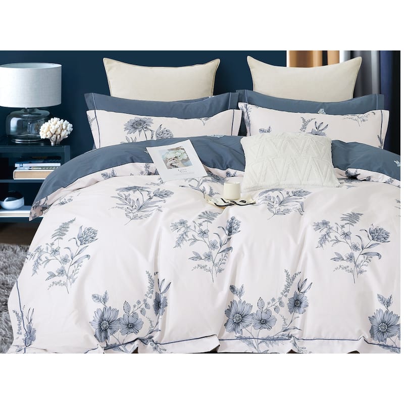 Trinity Blue White 100% Cotton Floral Reversible Comforter Set
