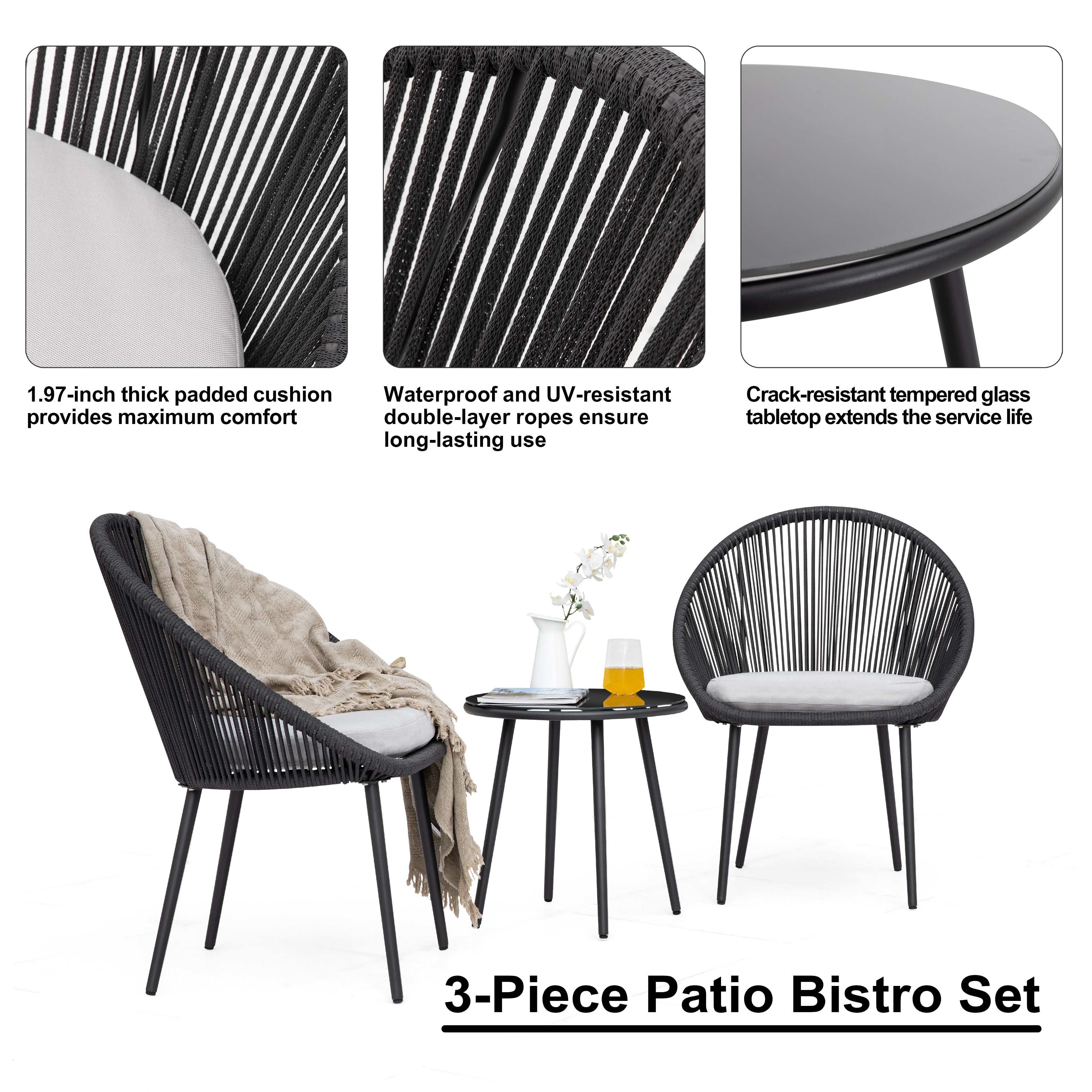 Outdoor 3 Pieces Patio Woven Rope Bistro Set with Cushions On