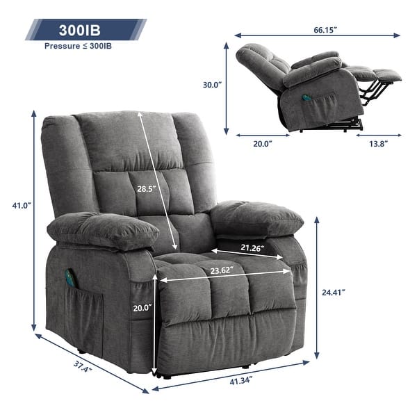 dimension image slide 3 of 4, Oversized Power assist Lift Recliner Chair with Heat and Massage