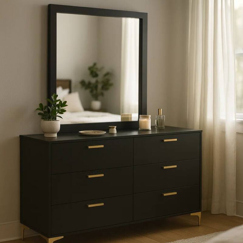 Dle Wide Dresser with Mirror, Gold Bracket Legs, Modern Black Finish