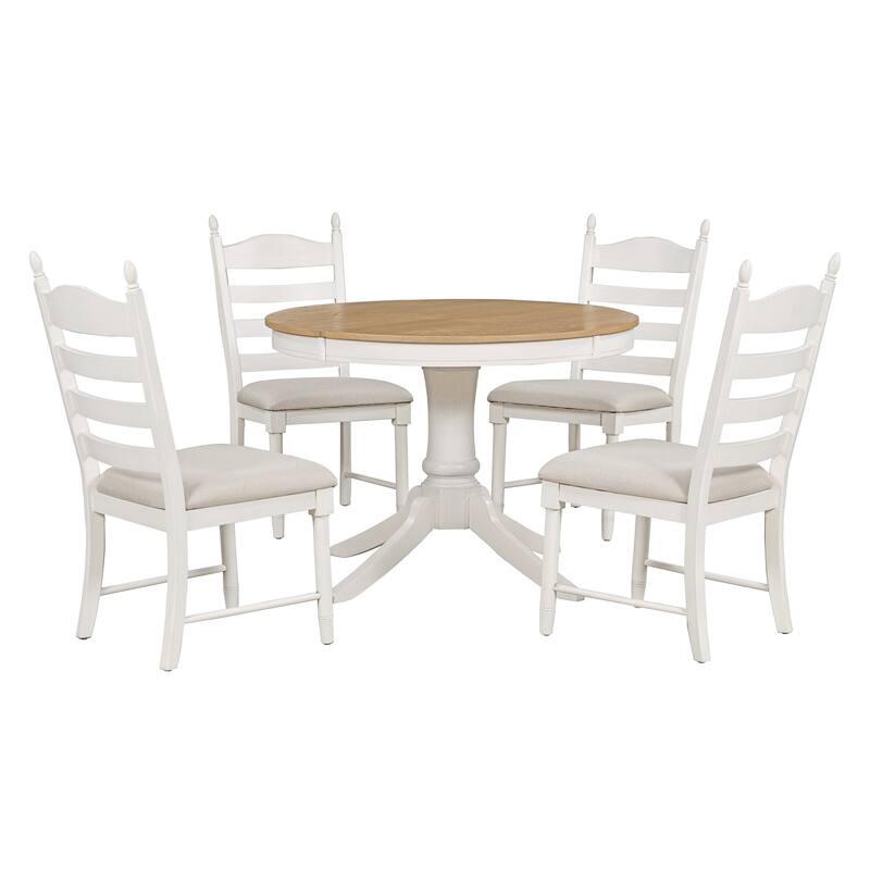 Retro 5-Piece Dining Table Set with Extendable Round Table and Upholstered Chairs for Elegant Dining