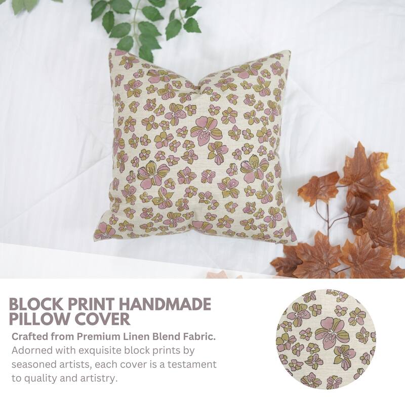 Fabdivine Floral Throw Fall Summer Décor Pink Pillow Cover Handmade Linen, for Farmhouse Guest Room or Couch, Custard Apple