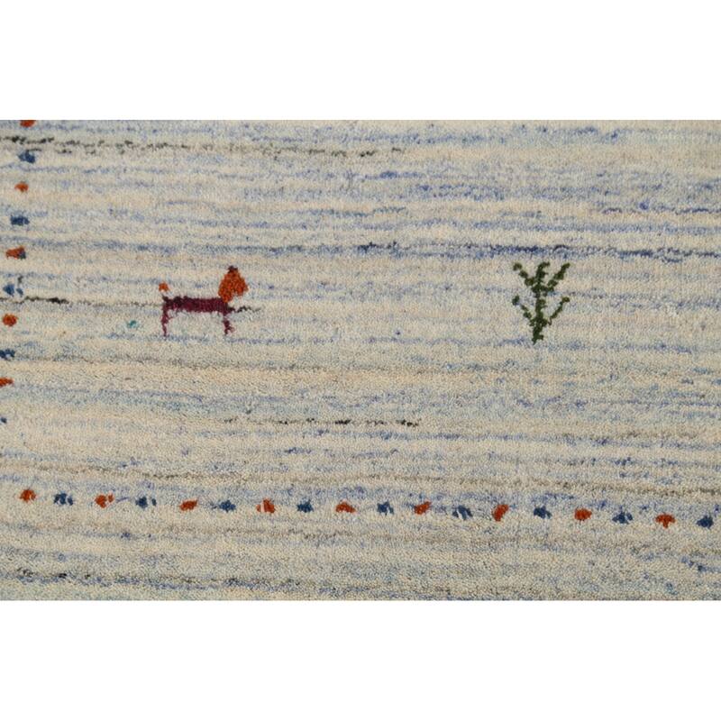 Ivory & Blue Striped Gabbeh Accent Rug Hand-Knotted Wool Carpet - 4'0"x 5'9"