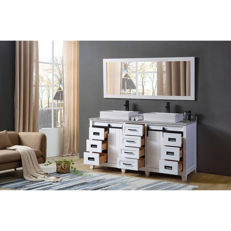 Chanceton 72 in. Vanity in White with White Carrara Marble Top with Vessel Sinks and 1 Large Mirror