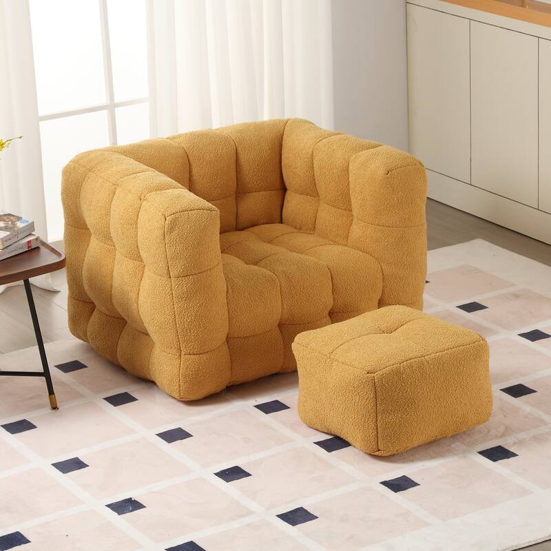 Boucle Upholstered Tufted Modern Non-installation Bean Bag Sofa Chair with Ottoman for Living Room - Yellow