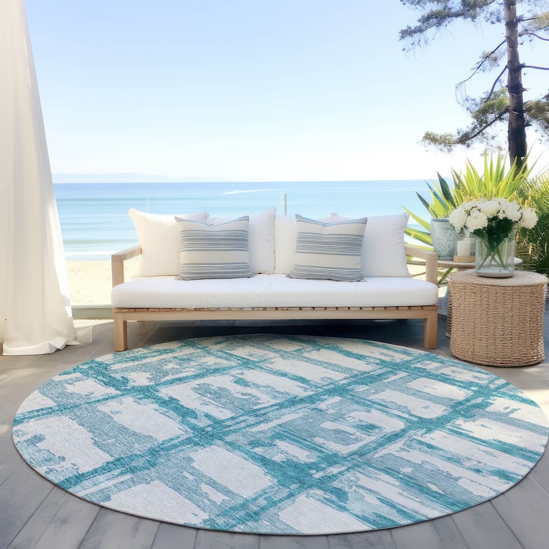 Machine Washable Indoor/ Outdoor Chantille Abstract Contemporary Rug - Teal - 8' x 8'