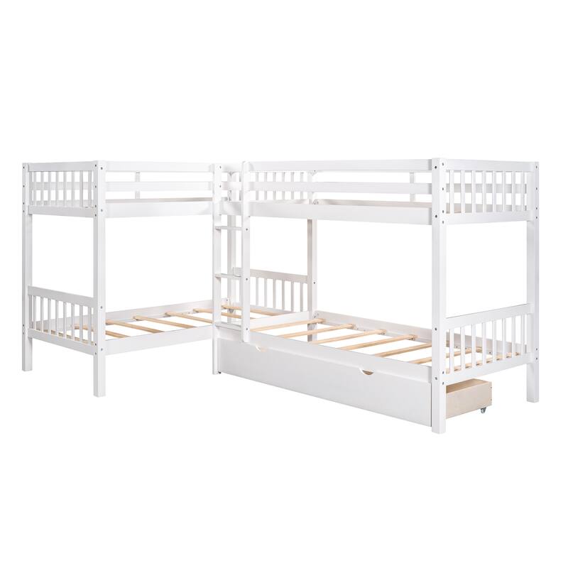 Twin Over Twin Size L-Shaped Bunk Bed with 2 Upper Bed and 2 Bottom Beds, Wooden Bunk Bed with Drawers, Ladder and Guardrails