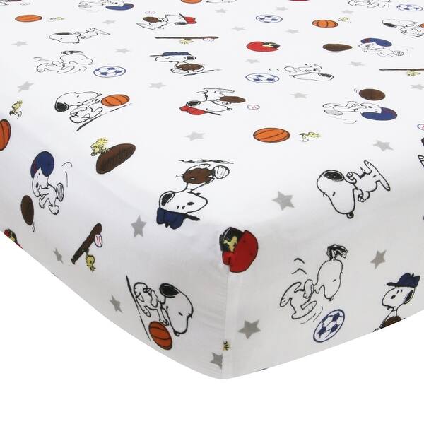 slide 2 of 2, Bedtime Originals Snoopy Sports White/Blue/Red Baby Fitted Crib Sheet