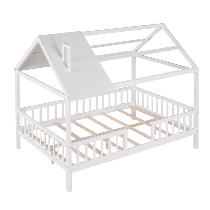 Pine House Platform Bed with Roof and Fence