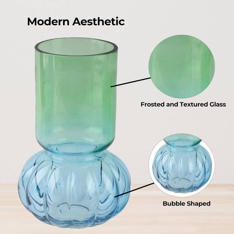 Two-Tone Green and Blue Set of 2 Bubble Shaped Modern Glass Vases