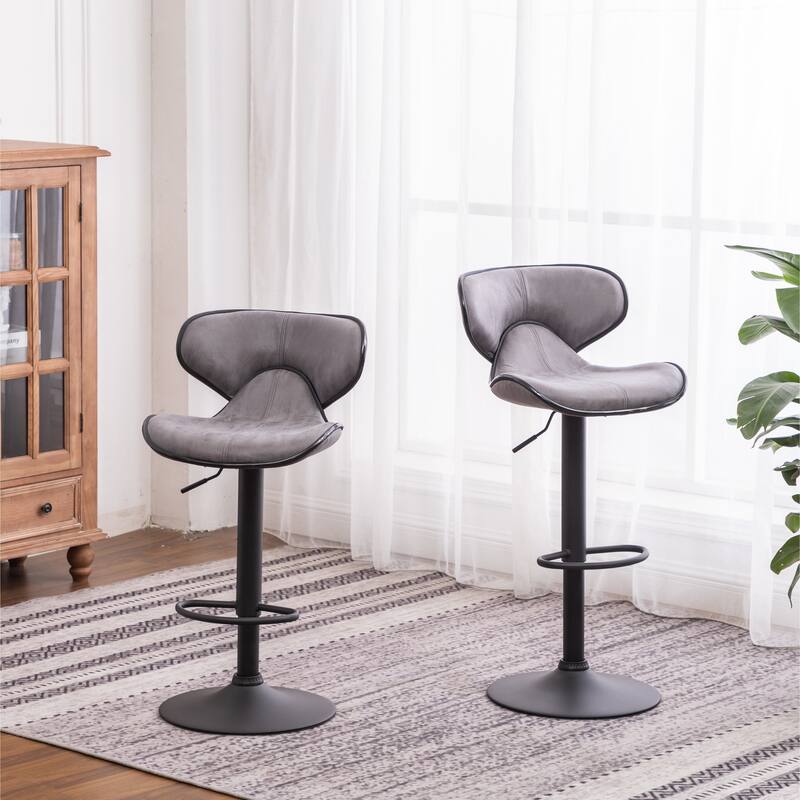 Set of 2 Adjustable Swivel Barstools with Weathered Upholstery & Chrome Base. - Grey