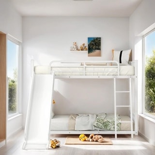Kid's Friendly Style Twin over Twin Bunk Bed with Slide, Ladder and Guardrail