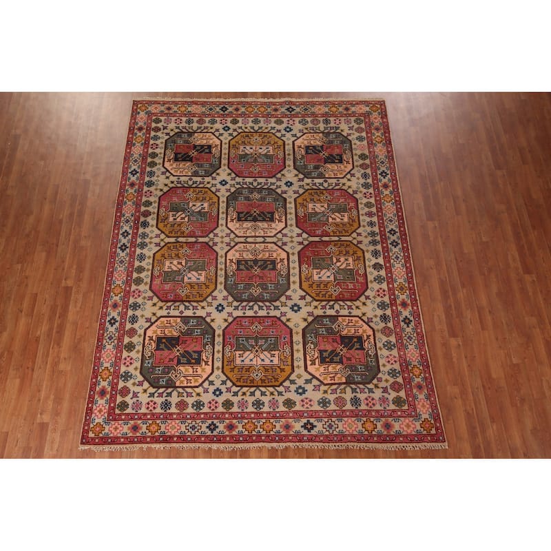 All-Over Geometric Khotan Indian Area Rug Hand-Knotted Wool Carpet - 7'10"x 10'1"