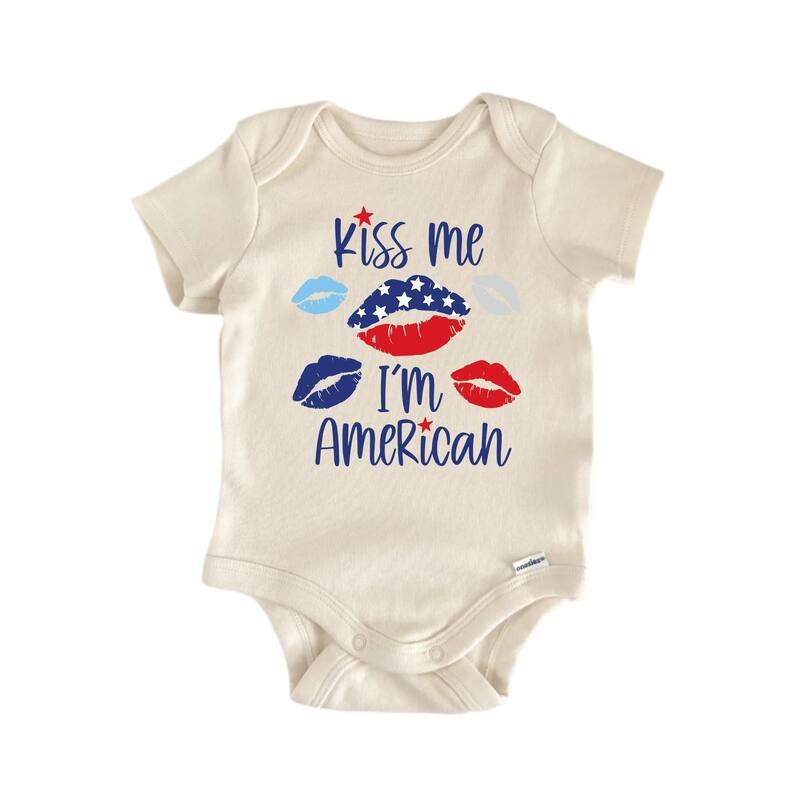 Kiss Me I'm American July 4th Patriotic - Baby Boy Girl Clothes Bodysuit - Blue - 0-3M