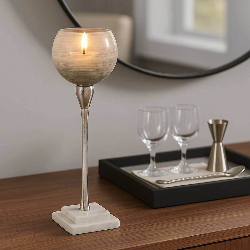 Glass Votive Candle Holder on Marble Stand - Silver - 17.0"