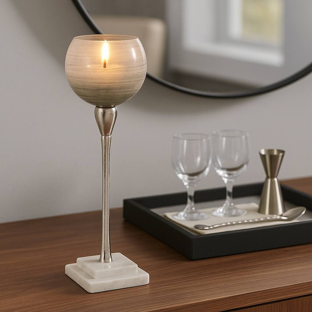Glass Votive Candle Holder on Marble Stand - Silver