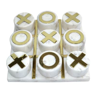 Square Marble Tic Tac Toe Tabletop Decoration - 7" - White and Gold